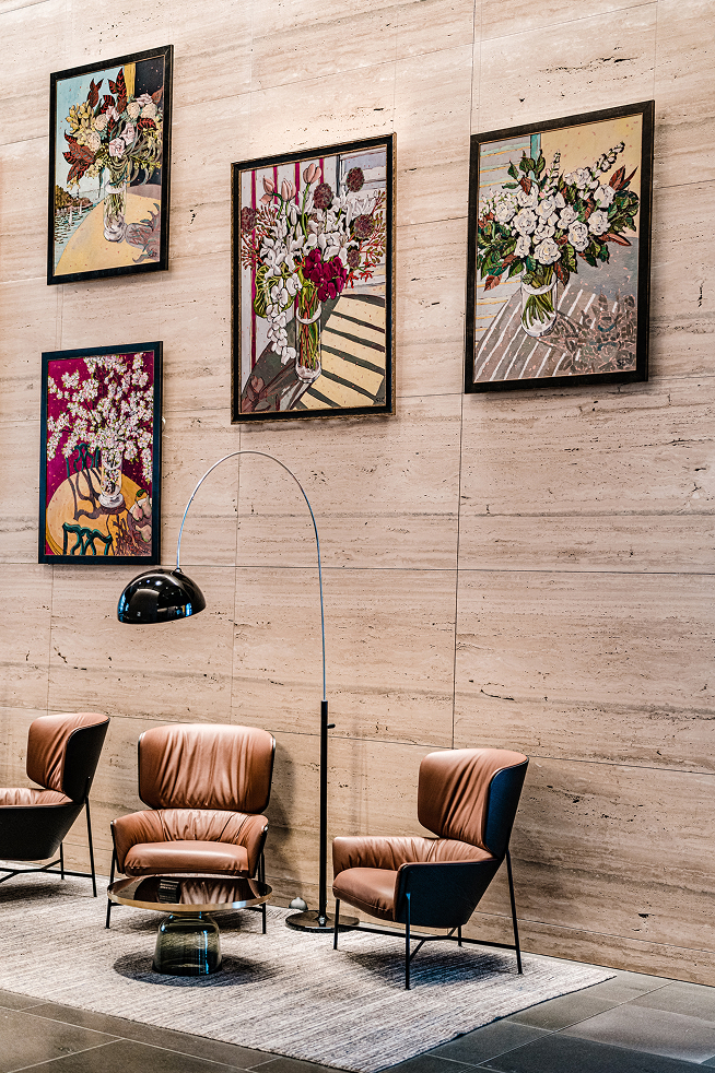 Floral artworks above 1 Denison lobby seating